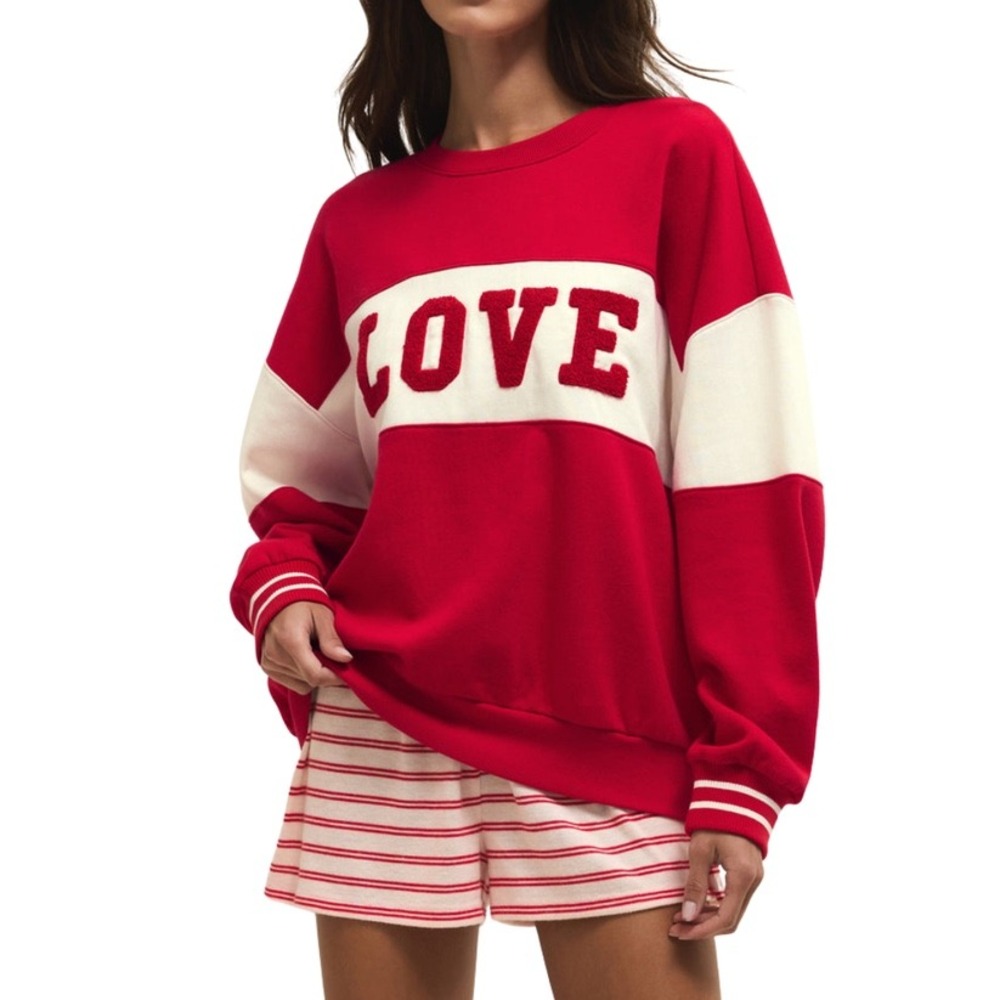 NWT Z Supply Lounge Women's Love Sweatshirt Red White Colorblock Appliqué